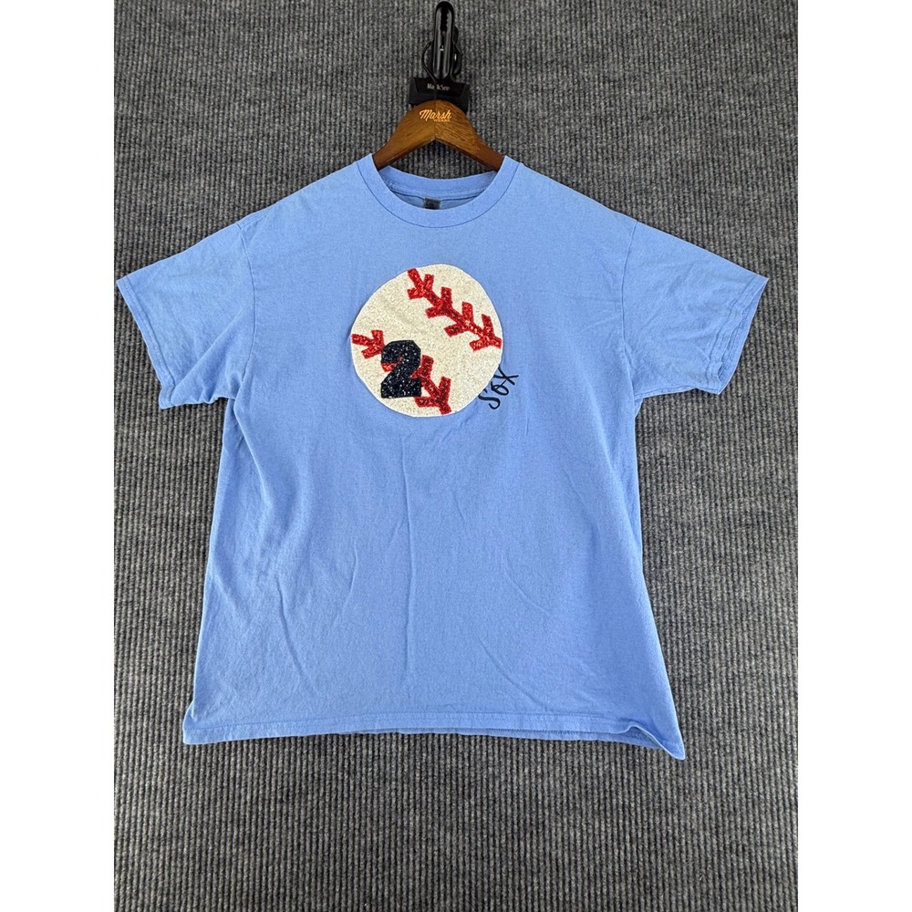 Gildan T-Shirt Womens L Blue Excellent Baseball‎ Sox Sequin Graphic Tee